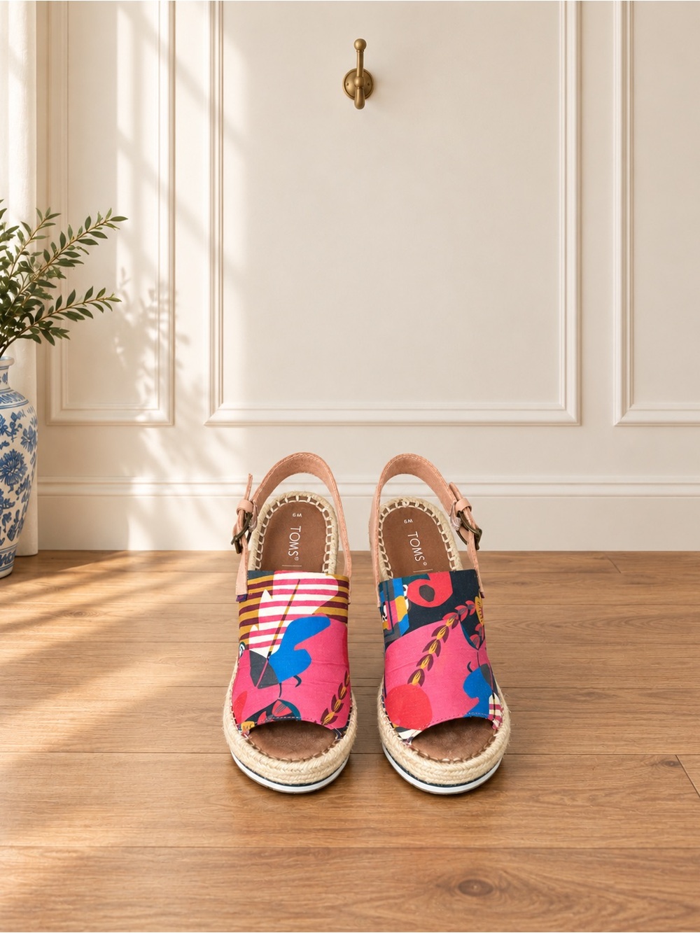 TOMS Pink Multicolor Pattern Espadrille Slingback Wedges